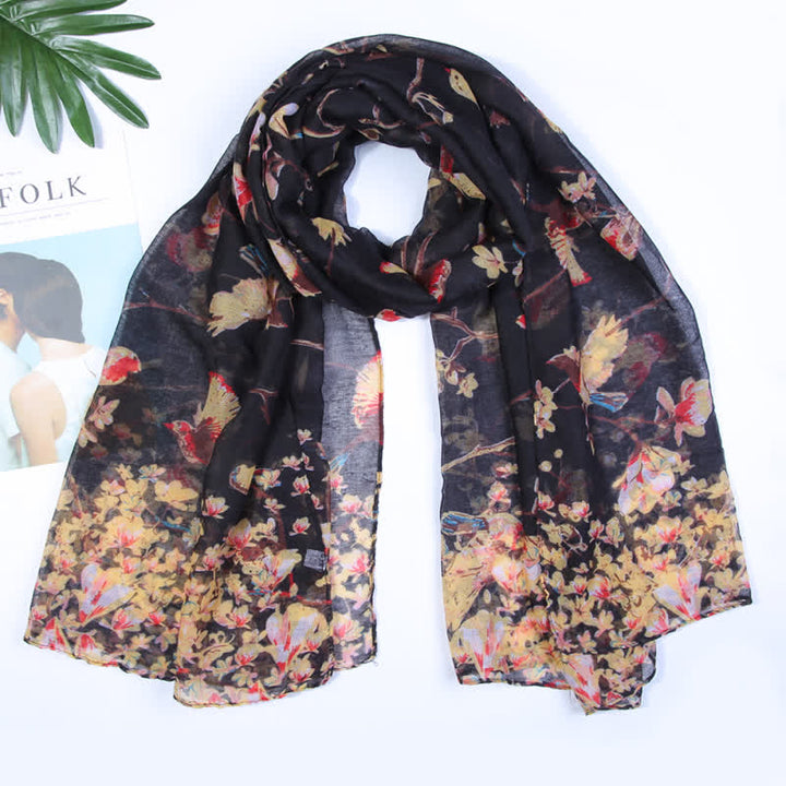 Sciarpa leggera da donna con uccelli floreali in fiore