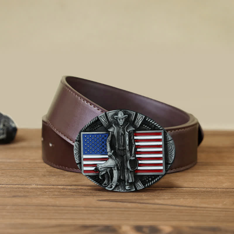 Cintura in pelle con fibbia da cowboy con bandiera americana fai da te da uomo