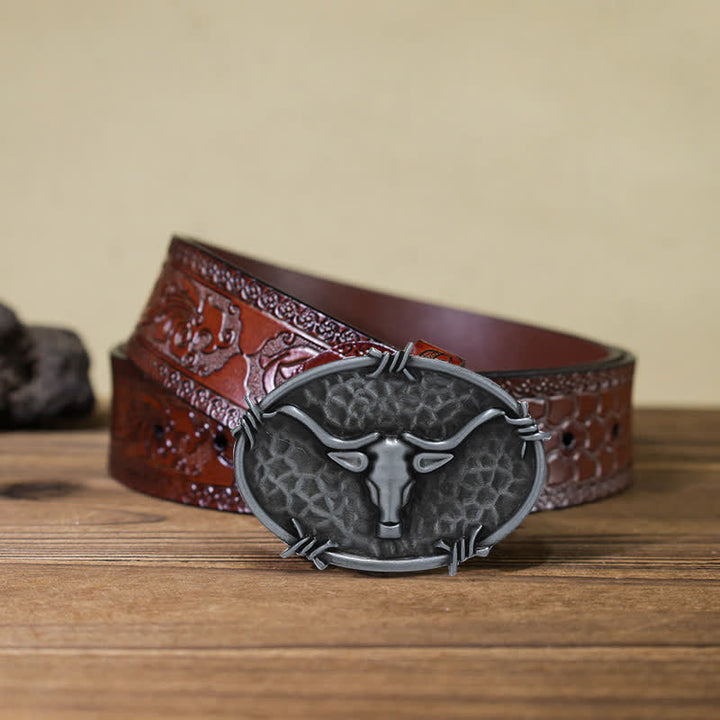 Cintura in pelle con fibbia martellata a forma di testa di toro da cowboy fai da te da uomo