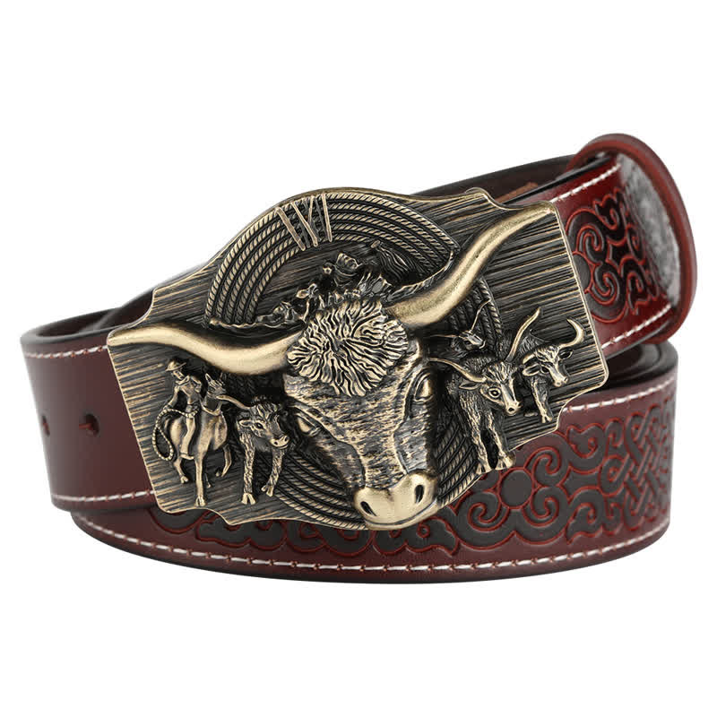 Cintura in pelle goffrata Longhorn Bull da uomo - Marrone / Bronzo - 46 - image 12
