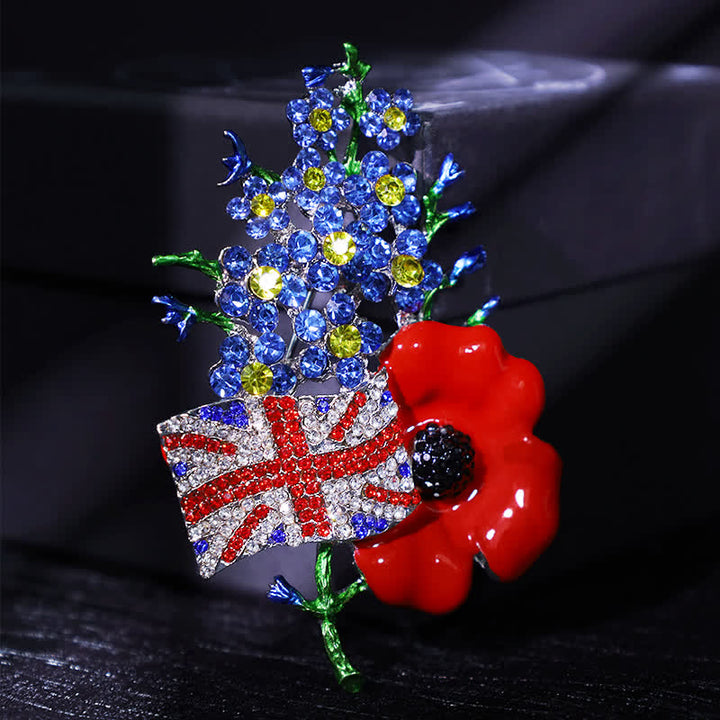 Spilla unisex multicolore con bandiera dell'Unione e papavero