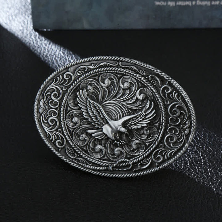 Cintura in pelle con fibbia floreale incisa con aquila volante fai da te da uomo - Argento antico - Senza cintura - image 0