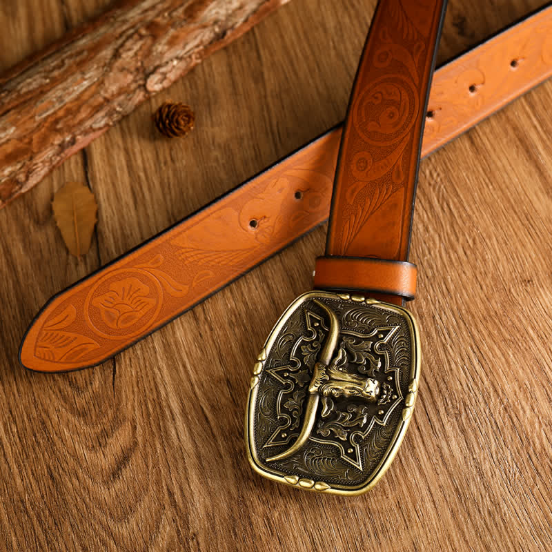 Cintura da uomo in pelle stampata con testa di mucca in stile western