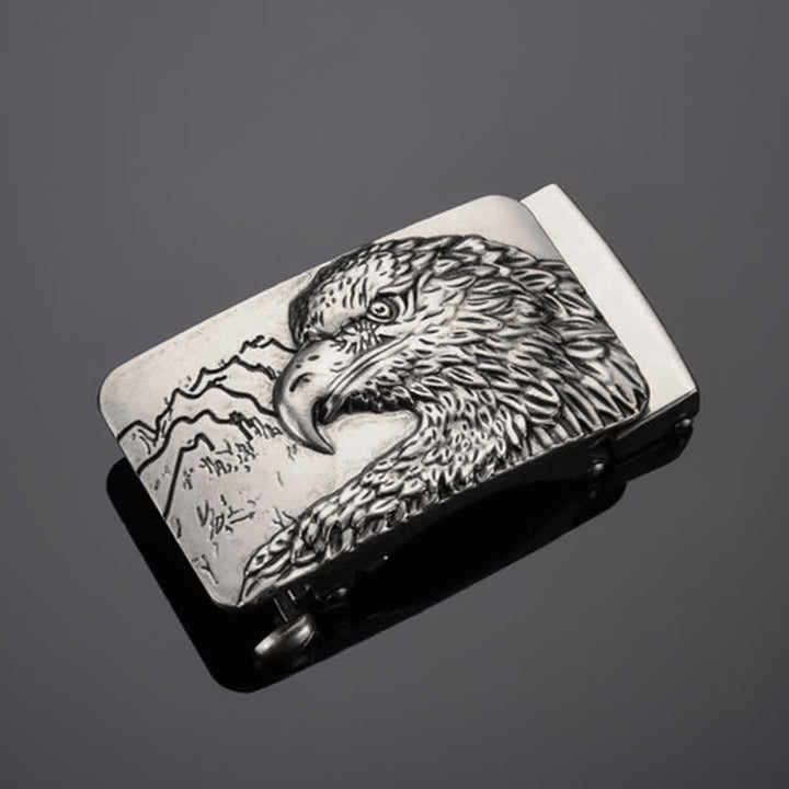 Cintura in pelle con fibbia automatica con testa d'aquila intagliata fai da te da uomo - Argento antico - Senza cintura - image 0