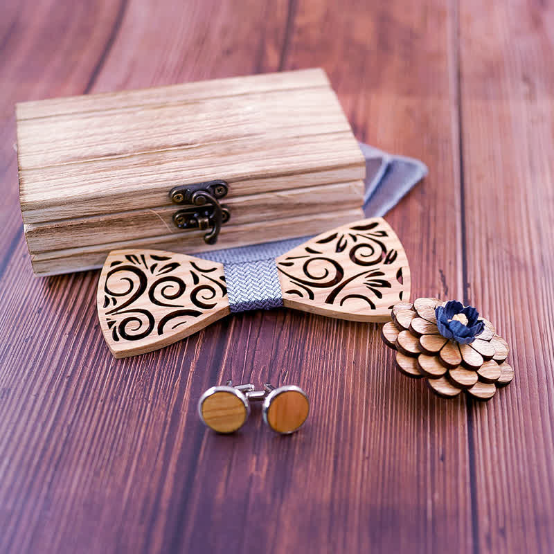 Set di 4 papillon in legno con motivo a foglia cava da uomo - image 4