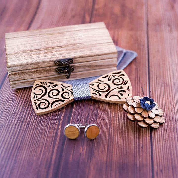 Set di 4 papillon in legno con motivo a foglia cava da uomo - image 4