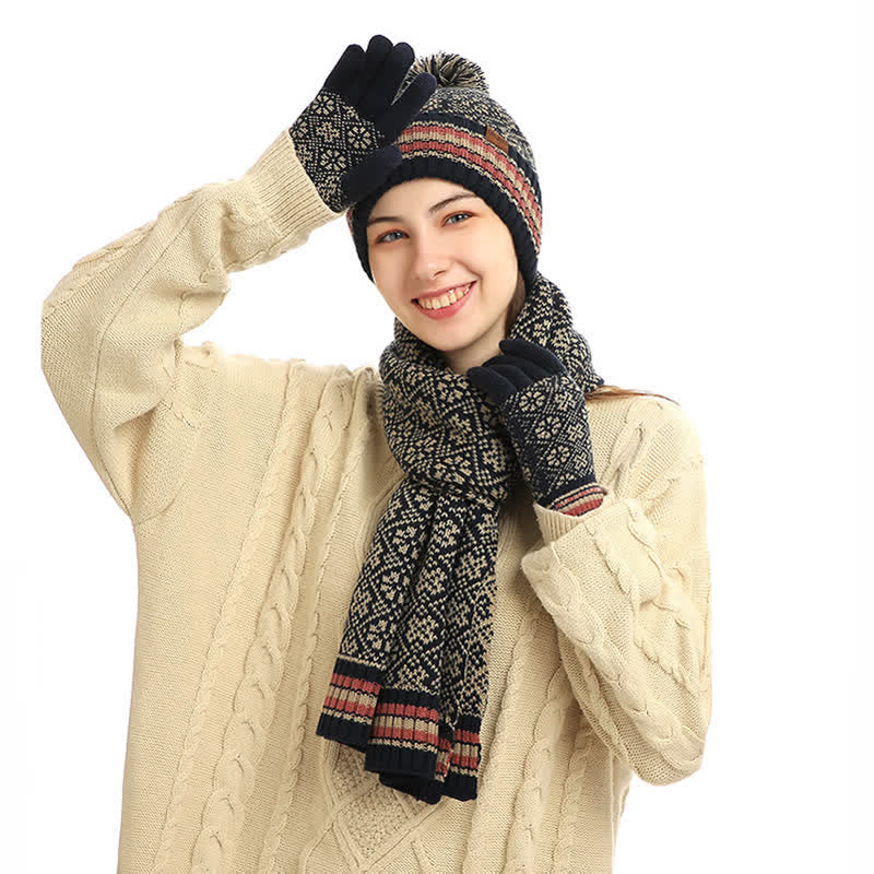 Set di 3 guanti touchscreen unisex con cappello e sciarpa a fiocco di neve