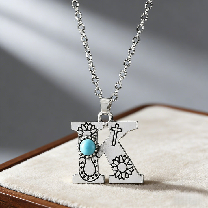 Collana vintage con ciondolo a forma di iniziale turchese - K - image 17
