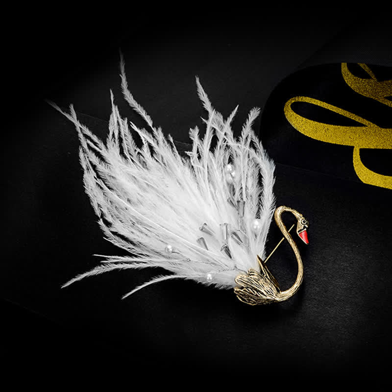 Spilla da donna con piuma di peluche a forma di cigno bianco/nero