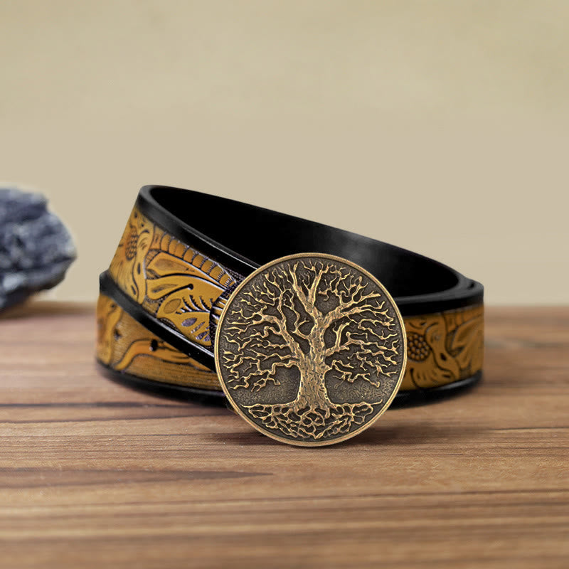 Cintura in pelle con fibbia rotonda fai da te con albero della vita da uomo - Bronzo - Cintura marrone sabbia (40) - image 20