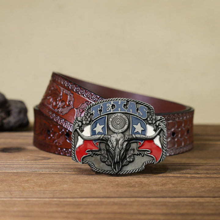 Cintura in pelle fai da te con fibbia a forma di toro Longhorn con bandiera del Texas da uomo