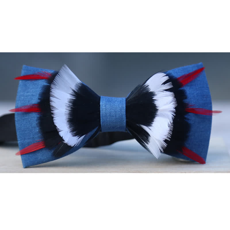 Papillon di piume di lino blu deluxe bianco e nero