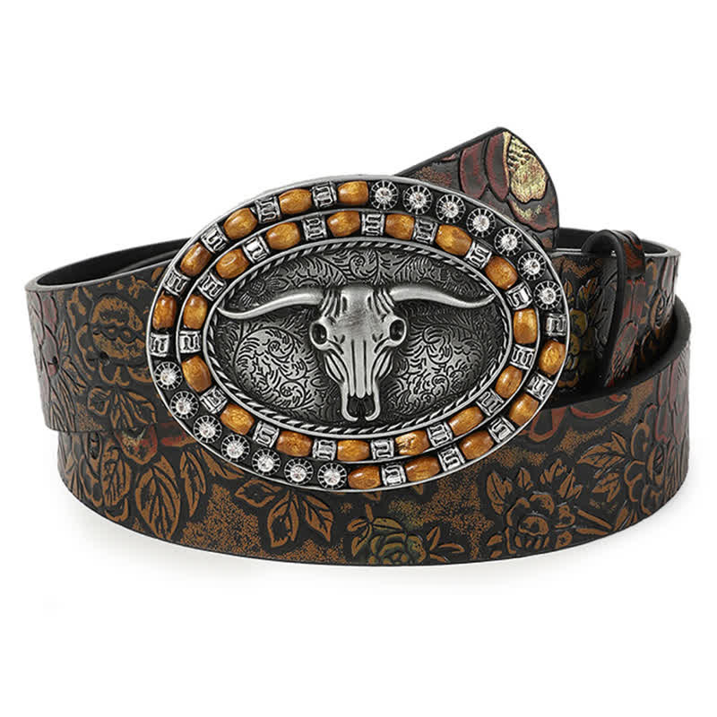 Cintura in pelle da uomo con testa di toro intagliata con perline di legno - Marrone - 36 - image 0
