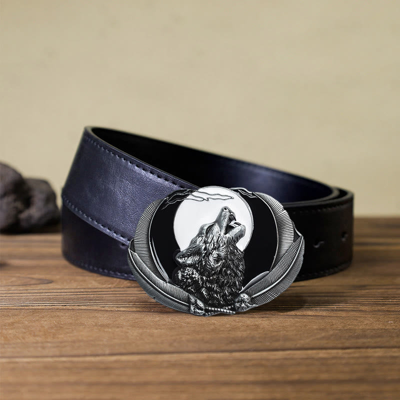 Cintura in pelle con fibbia ovale a forma di luna e lupo ululante fai da te da uomo