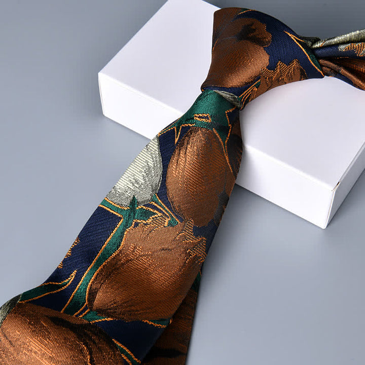 Cravatta elegante da uomo con motivo floreale a tulipano blu navy e peruviano