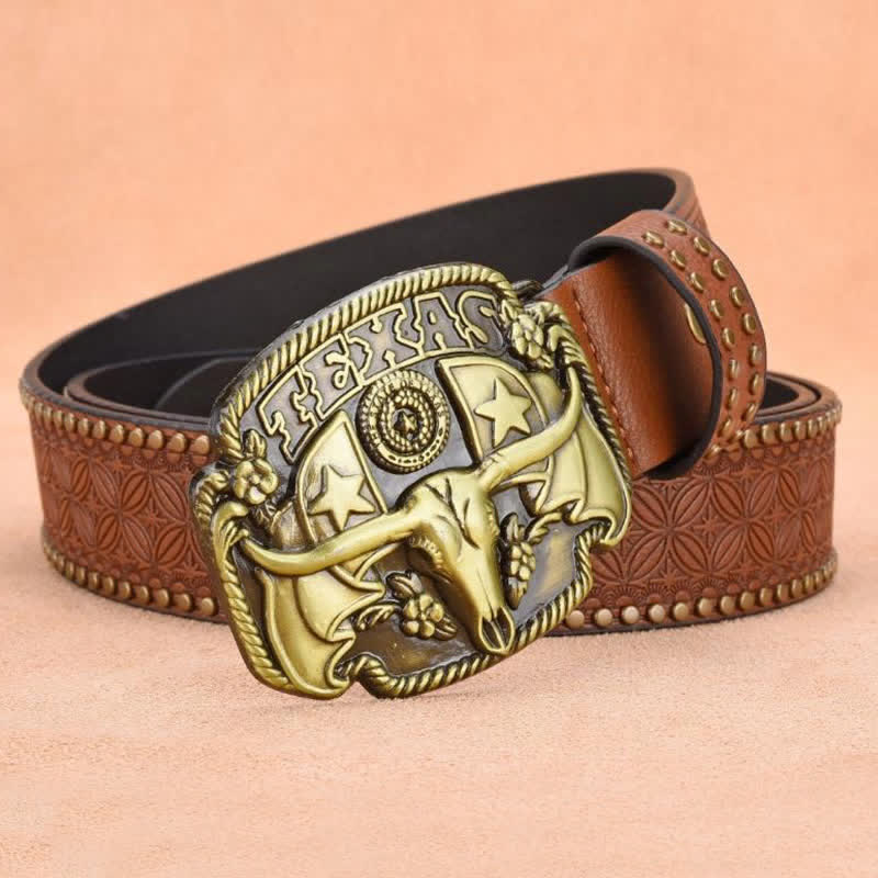 Cintura da uomo in pelle con rivetti Longhorn Steer Antique