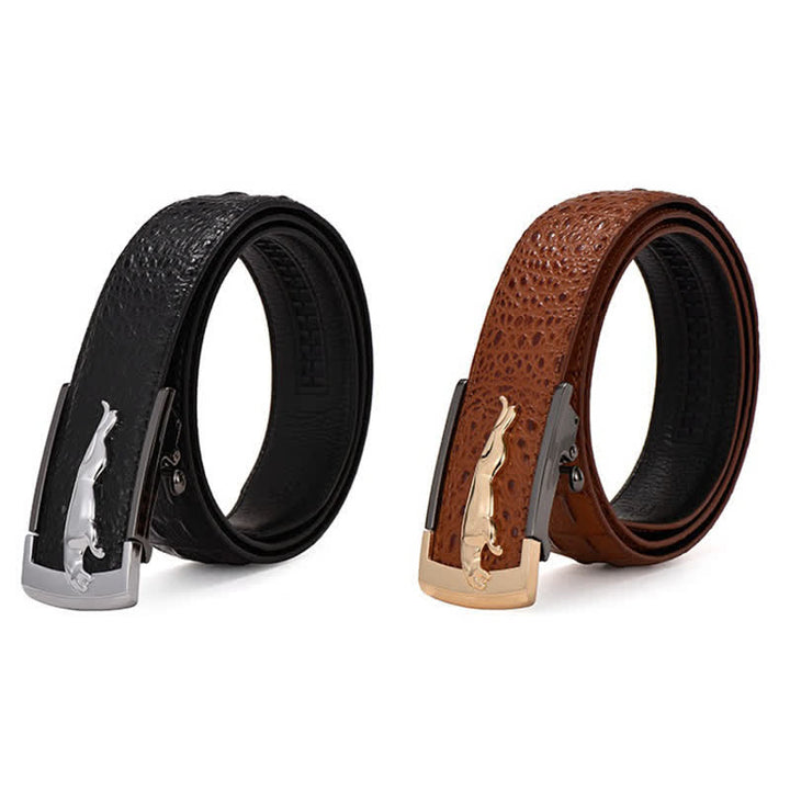 Cintura da uomo in pelle con fibbia automatica leopardata e motivo alligatore