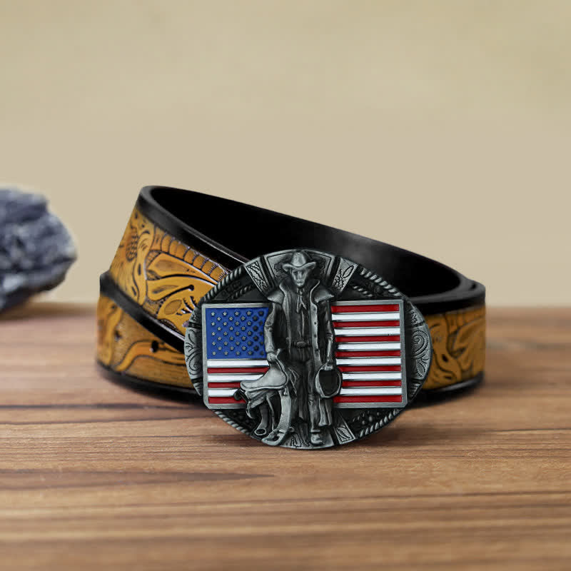 Cintura in pelle con fibbia da cowboy con bandiera americana fai da te da uomo