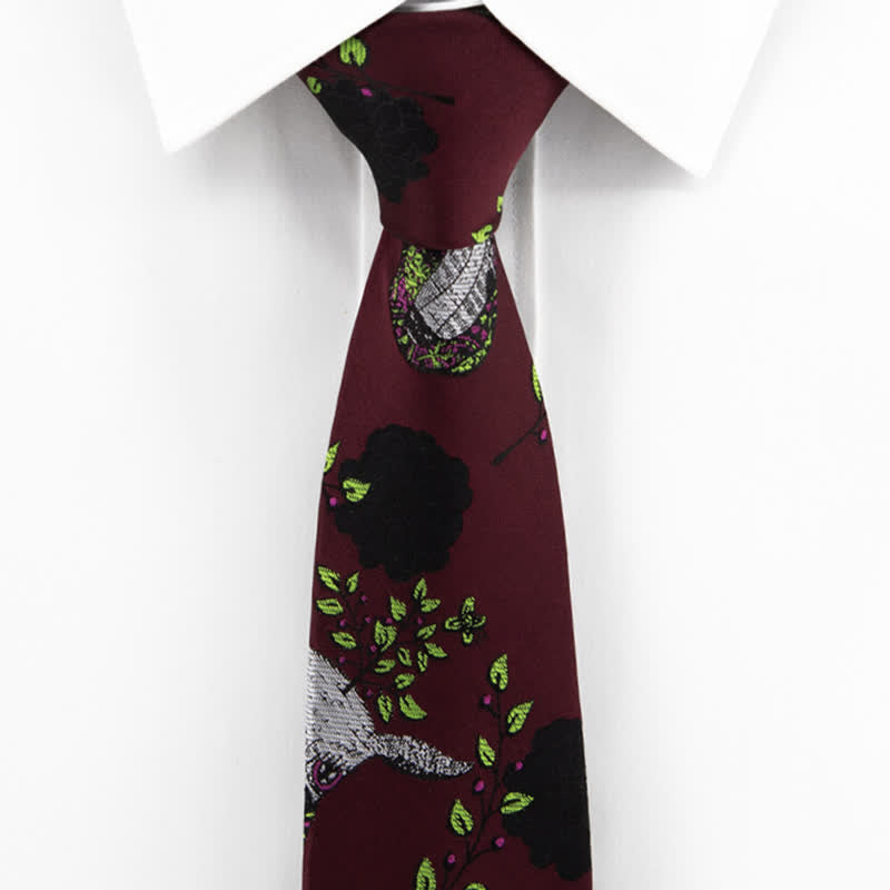 Cravatta da uomo bordeaux, nera, con rosa e cervo