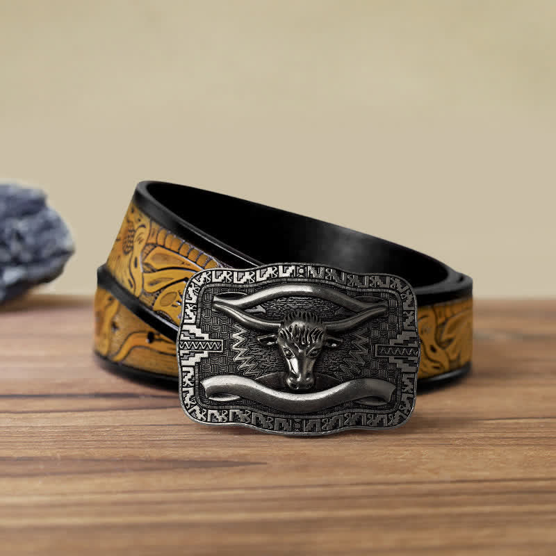 Cintura in pelle fai da te da uomo con fibbia a forma di toro Longhorn quadrato in argento