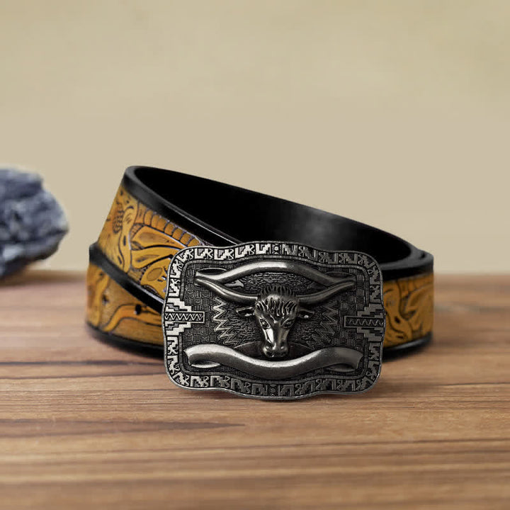 Cintura in pelle fai da te da uomo con fibbia a forma di toro Longhorn quadrato in argento