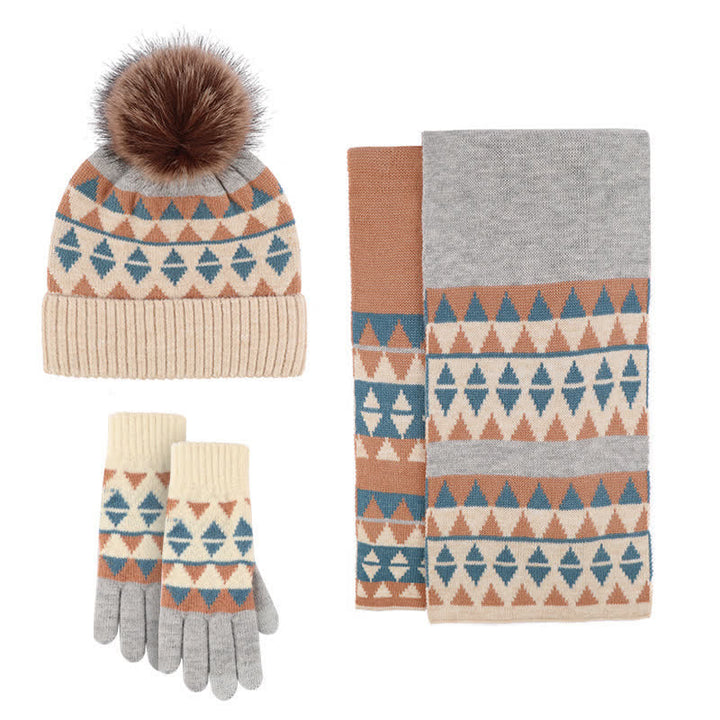 Set di 3 cappelli, sciarpe e guanti con motivo a triangolo da donna