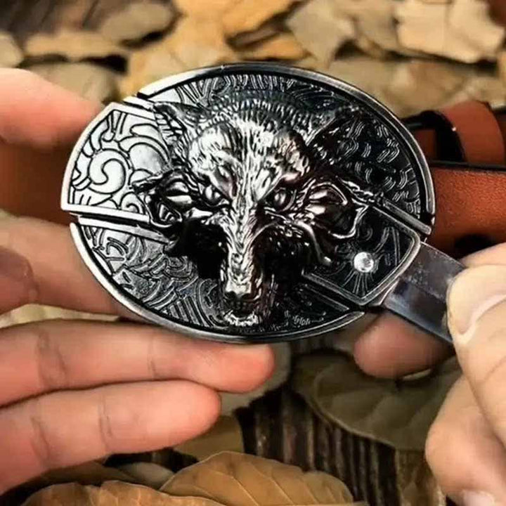 Cintura in pelle di lupo feroce da uomo con coltello pieghevole