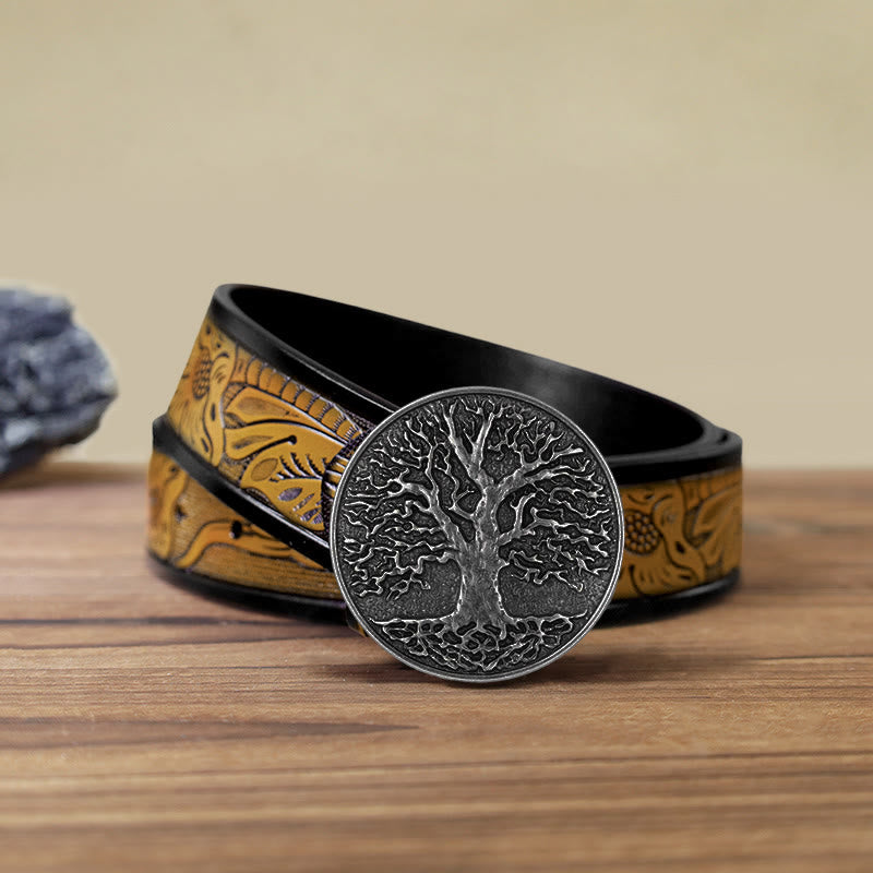 Cintura in pelle con fibbia rotonda fai da te con albero della vita da uomo - Argento - Cintura marrone sabbia (40) - image 21