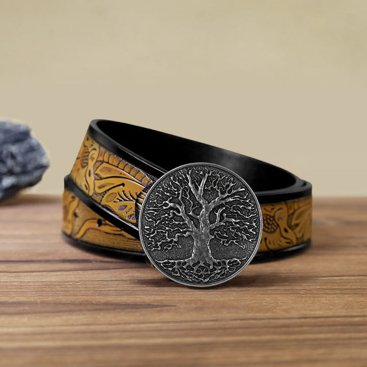 Cintura in pelle con fibbia rotonda fai da te con albero della vita da uomo - Argento - Cintura marrone sabbia (40) - image 21