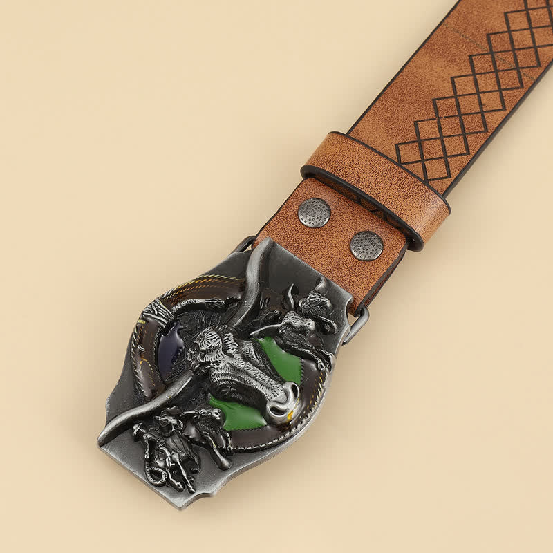 Cintura da uomo in pelle di toro con corna lunghe intagliate - image 1