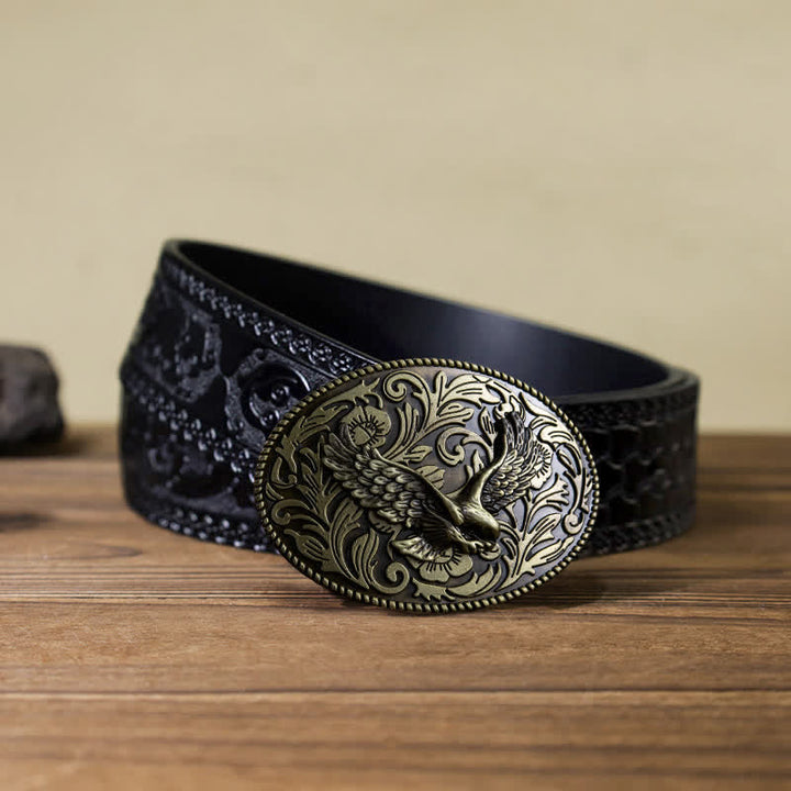 Cintura in pelle con fibbia a forma di aquila volante fai da te da uomo - Bronzo antico - Cintura nera intagliata (40) - image 15