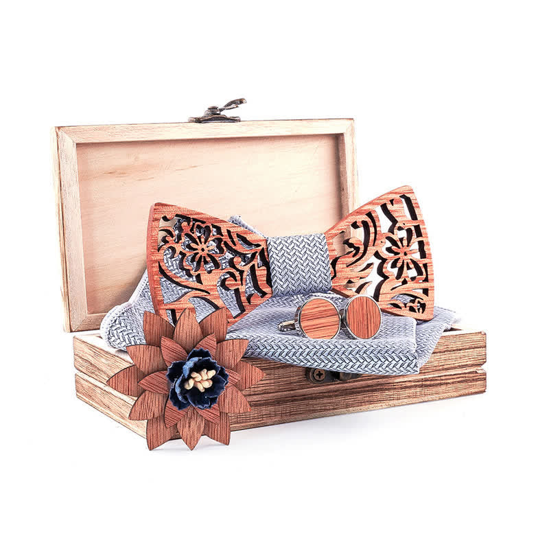 Set di 4 papillon in legno con motivo floreale cavo da uomo - image 1