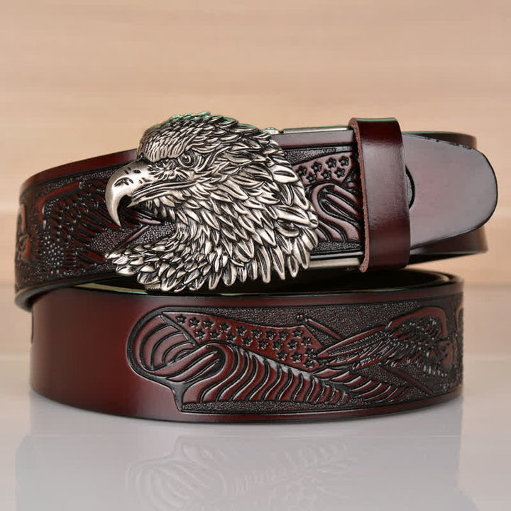 Cintura in pelle con fibbia automatica a forma di testa d'aquila intricata da uomo