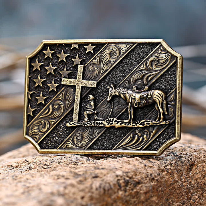 Cintura in pelle fai da te da uomo con fibbia a forma di cavallo con croce e bandiera americana
