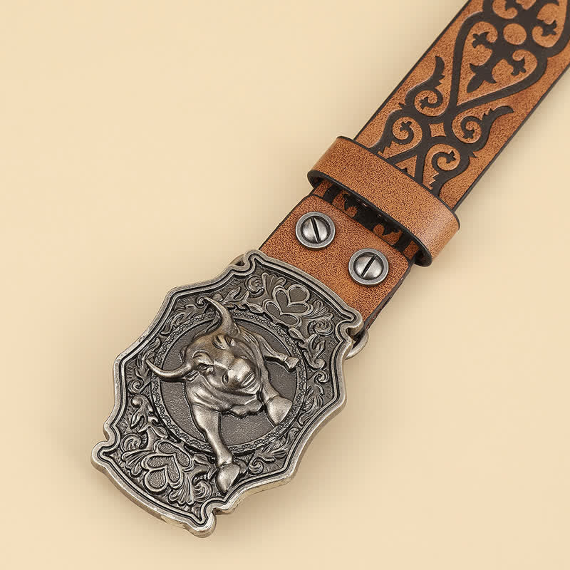Cintura da uomo in pelle con incisione floreale Yak Matador Bull