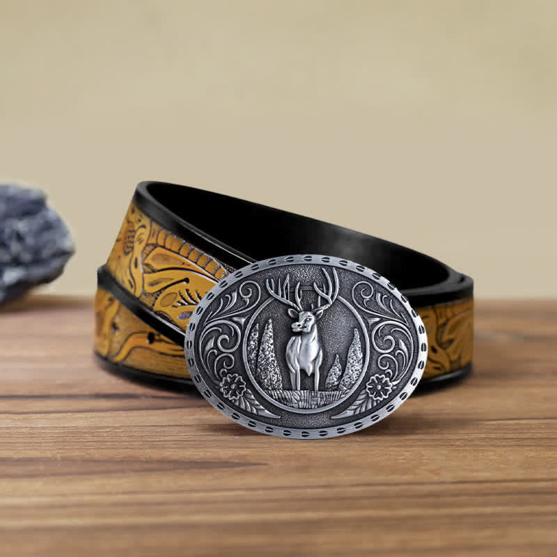 Cintura in pelle con fibbia ovale fai da te da uomo a forma di cervo della foresta - Argento antico - Cintura marrone sabbia (40) - image 20