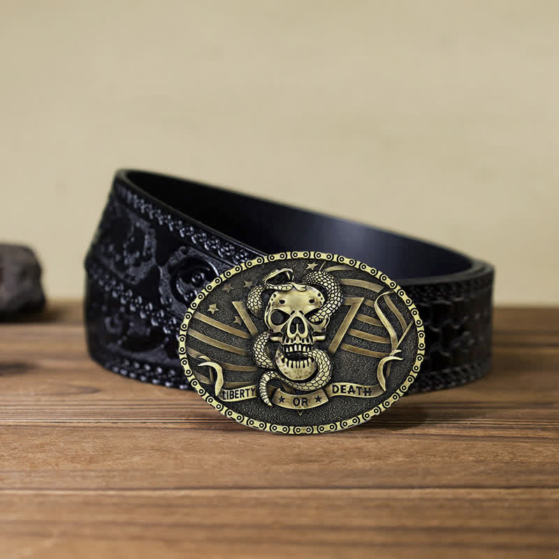 Cintura in pelle fai da te da uomo con fibbia a forma di teschio di serpente "Libertà o Morte"