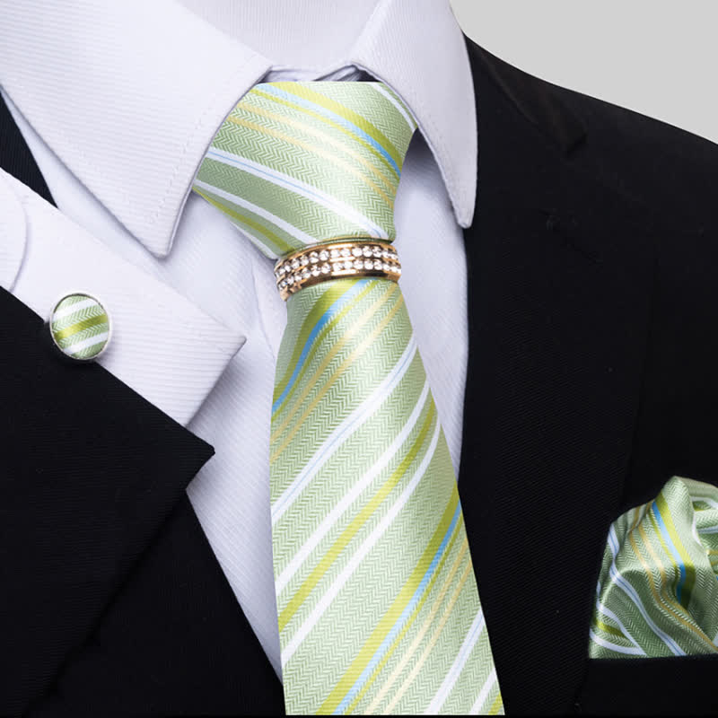 Set di 4 cravatte a righe da uomo con anello per cravatta - Verde Giallo - image 7