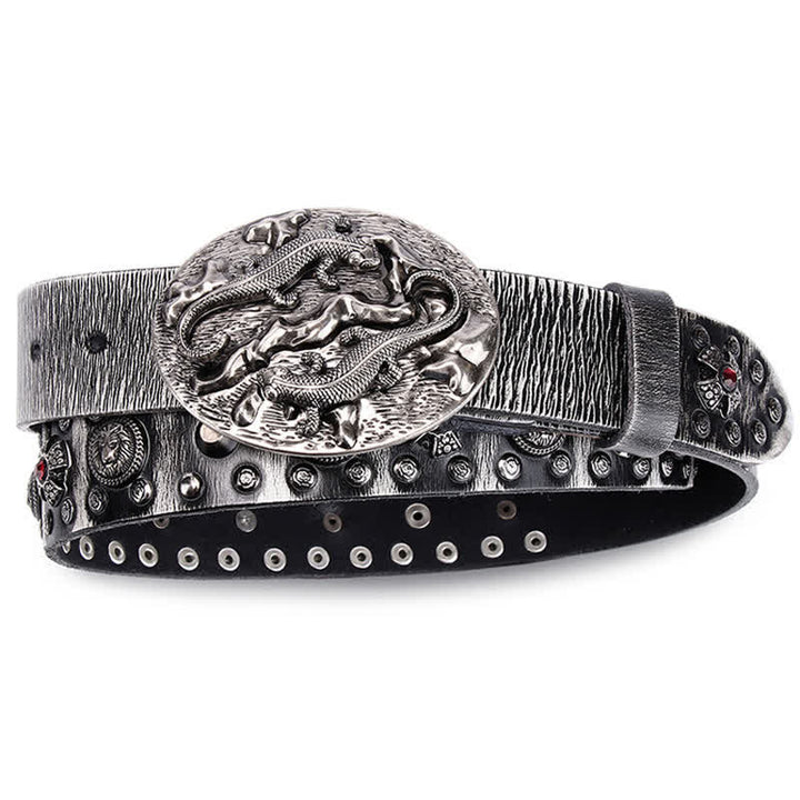 Cintura in pelle con ornamento leone rubino borchiato da uomo