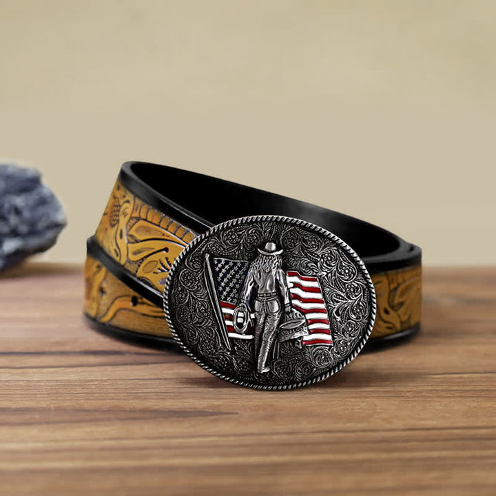 Cintura in pelle con fibbia della bandiera americana da cowboy fai da te da uomo