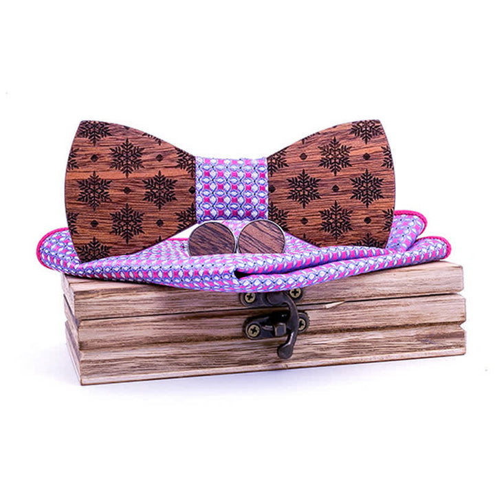 Set di 3 cravatte a farfalla in legno natalizie con motivo a fiocchi di neve da uomo - Viola - image 3