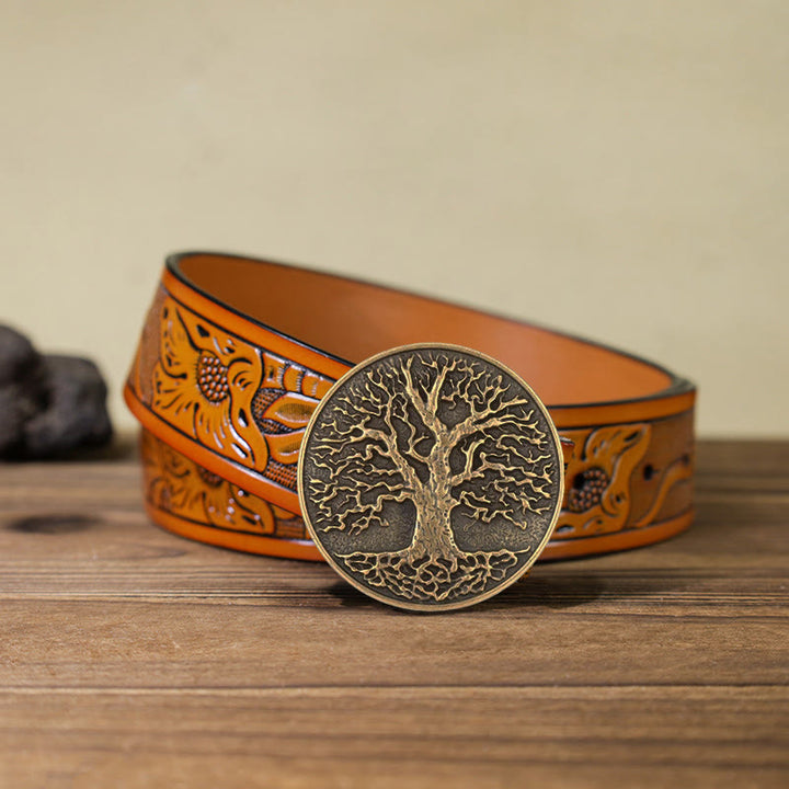 Cintura in pelle con fibbia rotonda fai da te con albero della vita da uomo - Bronzo - Cintura intagliata arancione (40) - image 23