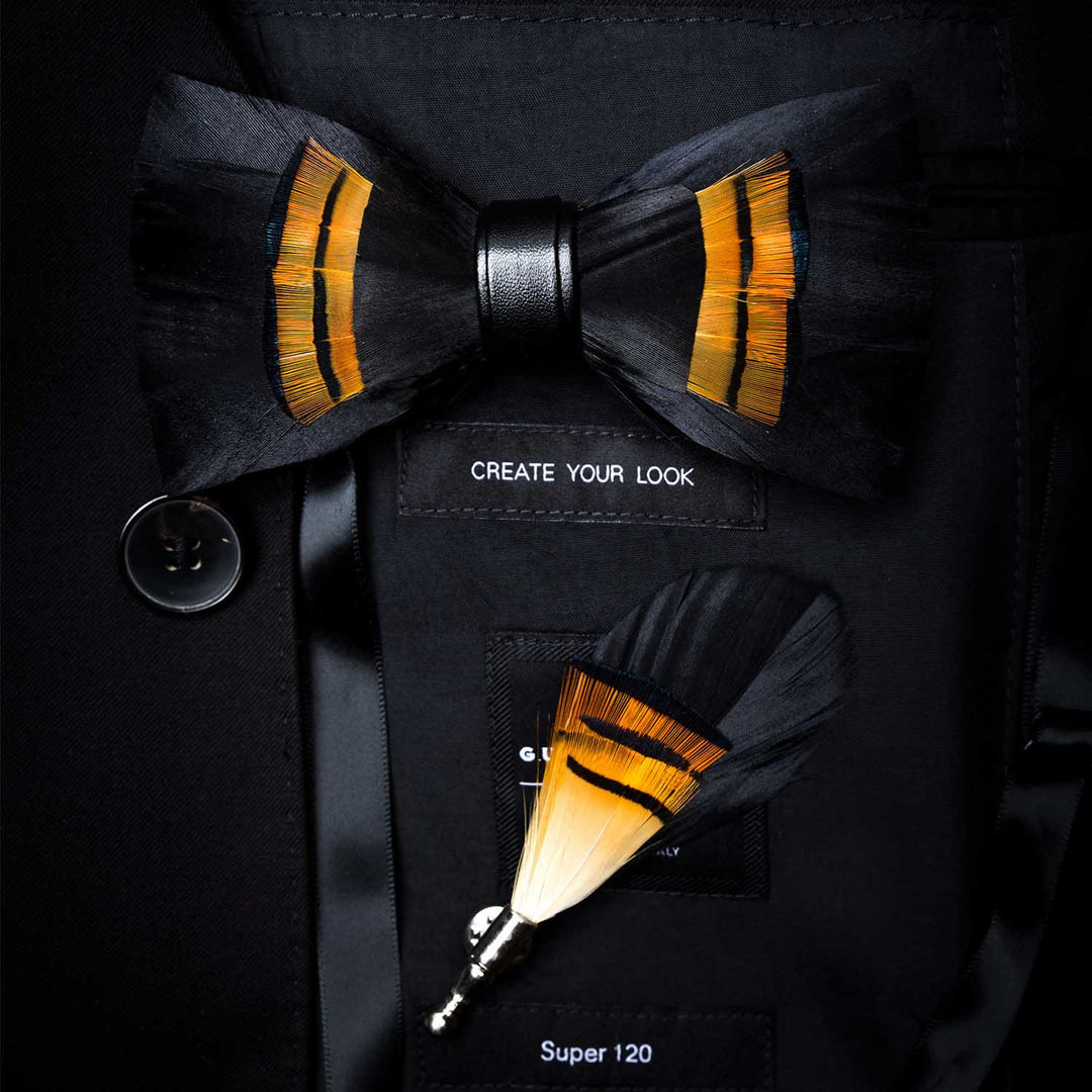 Papillon con piume di mezzanotte, nero e arancione, per bambini, con spilla da bavero