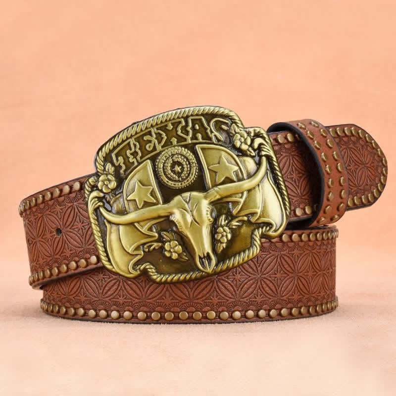 Cintura da uomo in pelle con rivetti Longhorn Steer Antique