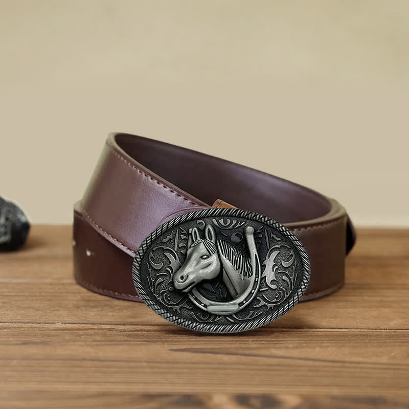 Cintura in pelle con fibbia a ferro di cavallo in argento antico fai da te da uomo - Ferro di cavallo - Cintura PU marrone (40) - image 7