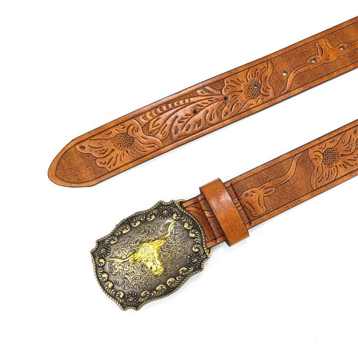 Cintura in pelle con fiore di toro inciso quadrato da uomo