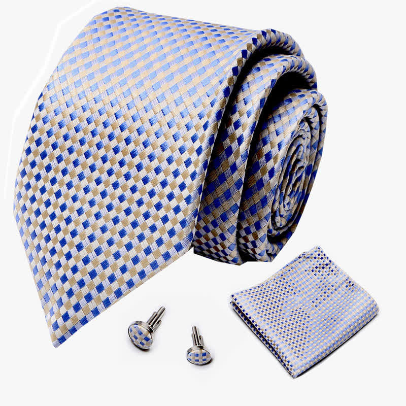 Set di 3 cravatte da uomo a quadri gialli e blu intrecciati