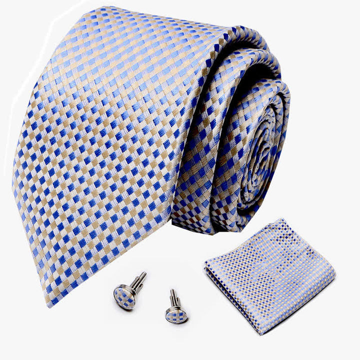 Set di 3 cravatte da uomo a quadri gialli e blu intrecciati