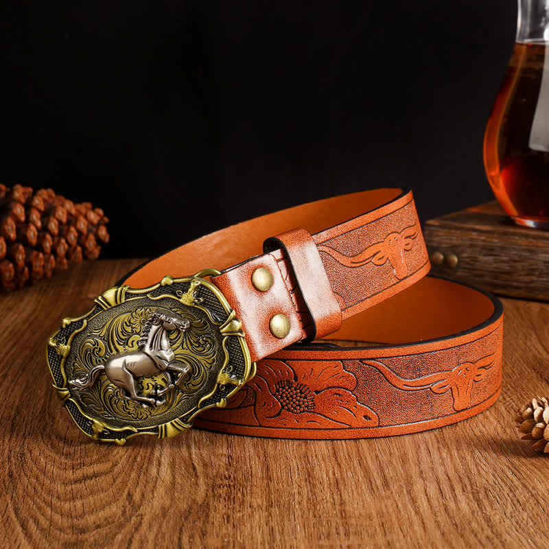 Cintura in pelle con fibbia geometrica a forma di cavallo da corsa da uomo