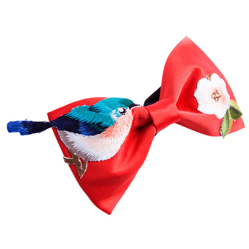 Papillon da uomo con fiore e uccello ricamato